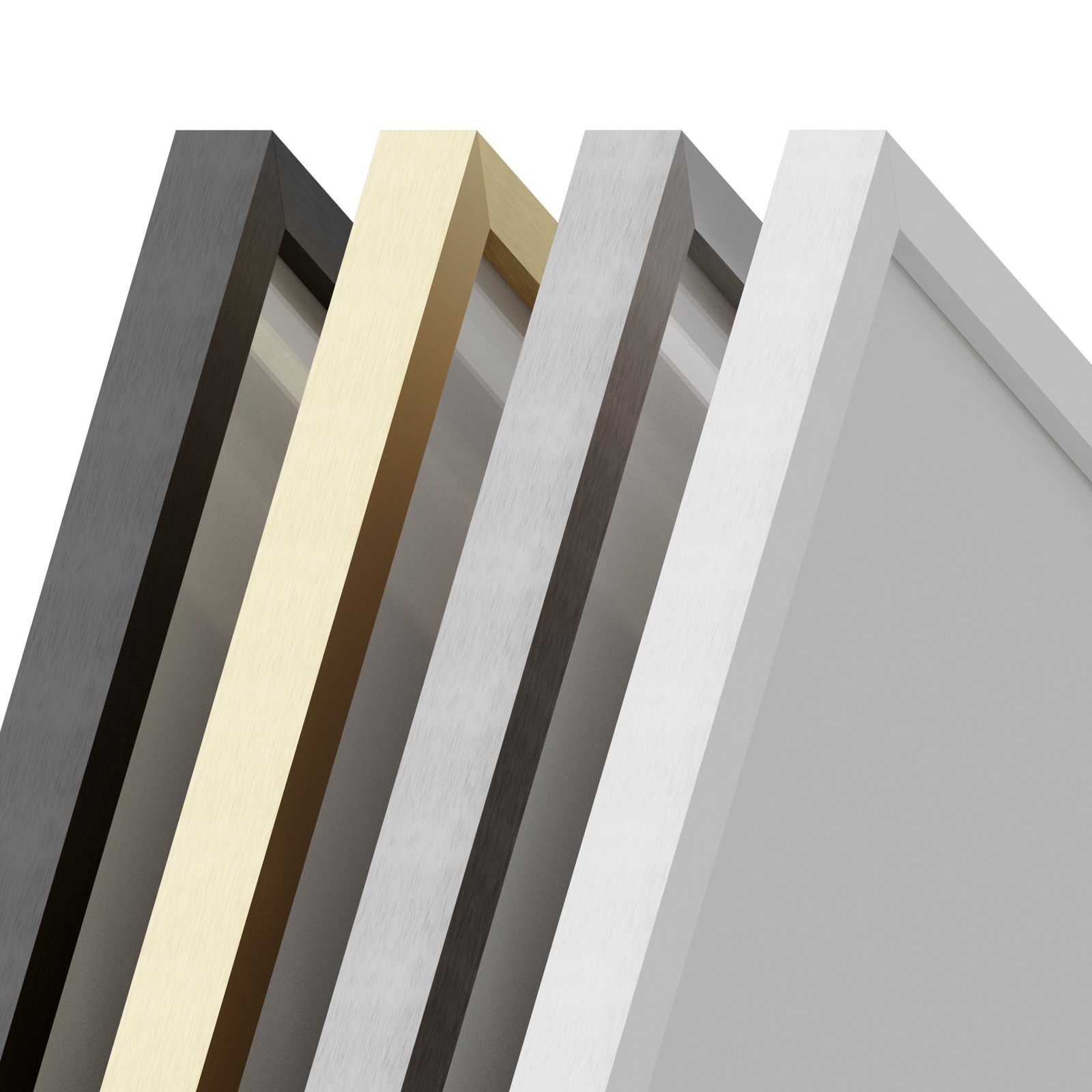 Metal frame profiles in Black, Gold, Silver, and White