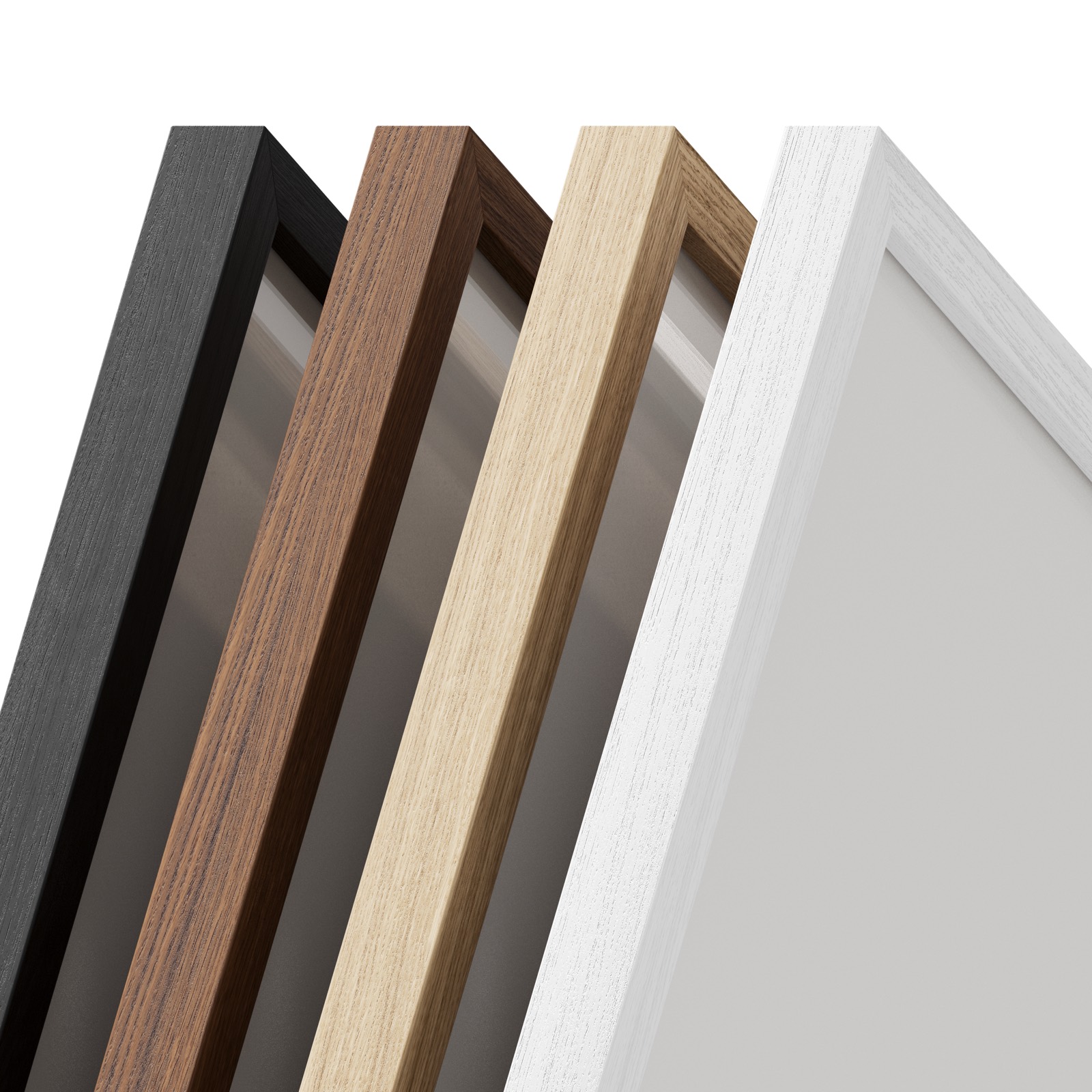 Oak frame profiles in Natural, Black, Walnut, and White