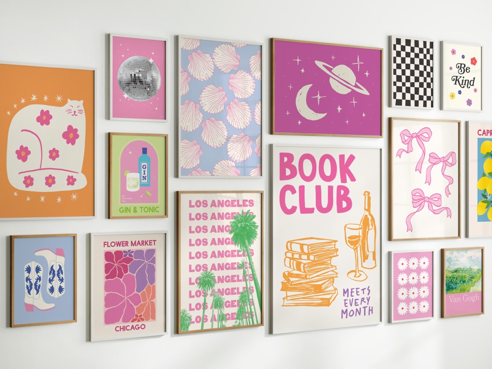 Colorful April Lane Art prints displayed on a gallery wall